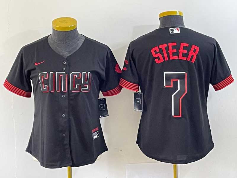Women%27s Cincinnati Reds #7 Spencer Steer Black 2023 City Connect Cool Base Stitched Baseball Jersey->mlb womens jerseys->MLB Jersey